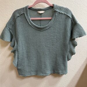 Altar'd State Sage Green Waffle Knit Ruffled Sleeve Blouse